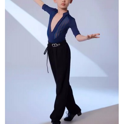 Boys kids navy striped ballroom latin dance shirts modern salsa rumba chacha juvenile stage performance tops and trousers for children